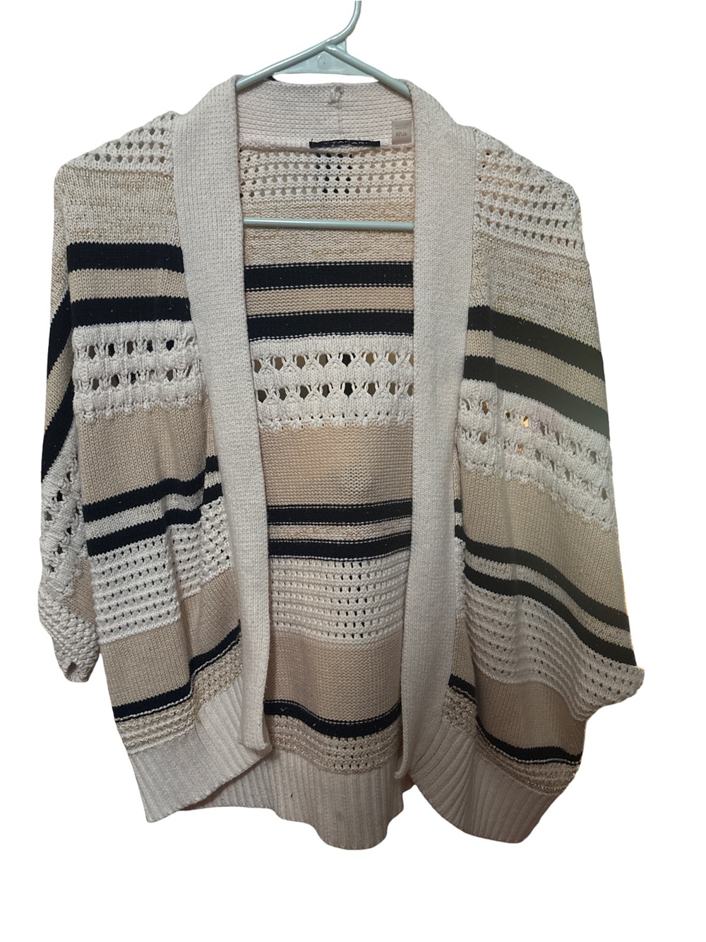 T Tahari Beige and Black Striped Open-Front Cardigan